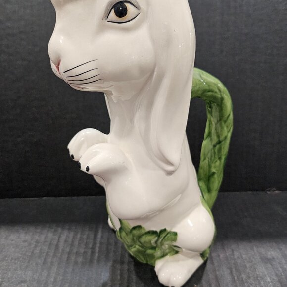 Tall Moltahedeh Rabbit Pitcher 1950s Portugal Hand Painted Bunny Green Leaf Hand - Picture 1 of 15